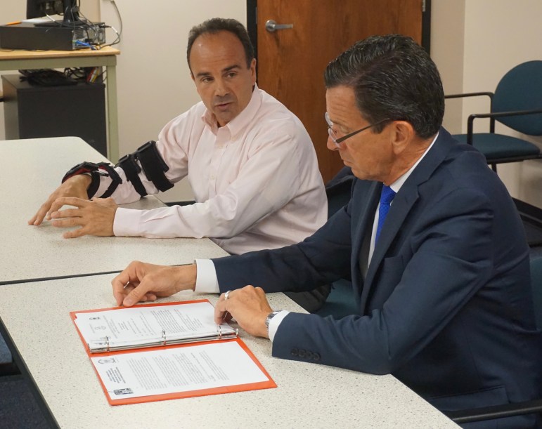 Mayor Joseph P. Ganim and Gov. Dannel P. Malloy at Troop G in Bridgeport.