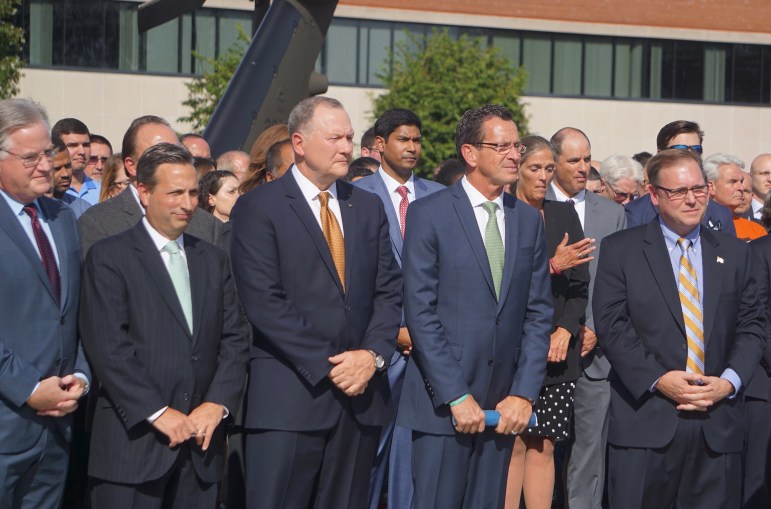 From left, Rep. J. Brendan Sharkey, Sen. Bob Duff, Dan Schultz, Gov. Dannel P. Maloy and Mayor John Harkin.