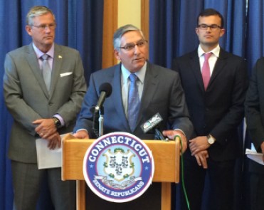 Sen. Len Fasano, R-North Haven, flanked by Sens. Kevin Witkos, R-Canton, left, and Art Linares, R-Westbrook.