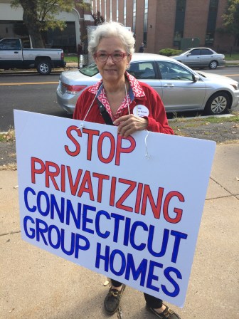 Lindsay Mathews, a parent of a DDS client displaced from a state-run group home in Hamden, joined Thursdays rally.