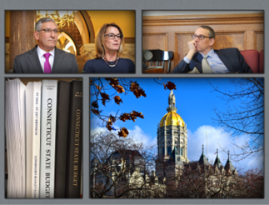 Top from left, Senate Republican leader Len Fasano, House Republican leader Themis Klarides and Malloy administration budget director Benjamin Barnes