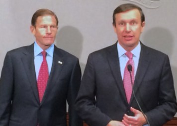 U.S. Sens. Richard Blumenthal, left, and Chris Murphy talk to reporters on the impact of Trump's victory.