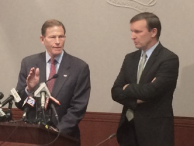 Senators Richard Blumenthal, left, and Chris Murphy, discuss their priorities for the lame-duck session of Congress at a news conference Monday.
