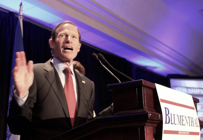 Sen. Richard Blumenthal speaks to supporters after winning his second term.