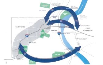 Three conceptual routes the Connecticut Department of Transportation is studying to address congestion at the I-91 and I-84 intersection.