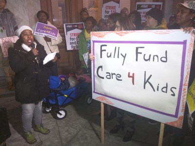 Freelove Queen of New Haven during a rally at the state Capitol about the cuts to the state's child care subsidy program.