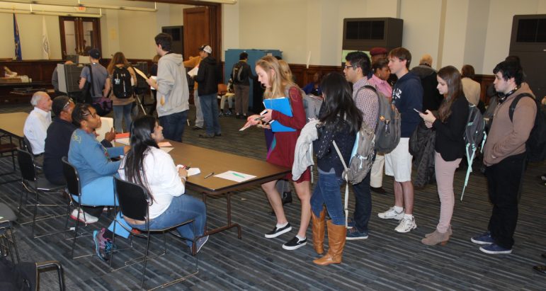 The first-time voters line filled with Yale students