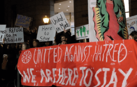 About 300 protesters marched around the New Haven Green Thursday evening in a demonstration organized by the immigrants’ rights group Unidad Latina en Acción. The group expressed support for women, Muslims, LGBTQ people and people of color as well as immigrants.
