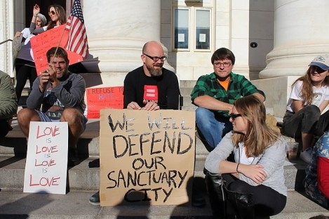 Demonstrators at a Sunday anti-Trump rally in downtown New Haven.