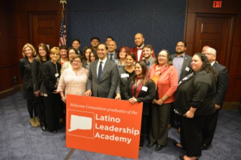 Graduates of the Hispanic Leadership Academy with HUD secretary Julian Castro, center, and members of the Connecticut Hispanic Democratic Caucus.