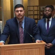 This is a picture of Rep. Christopher Rosario, D-Bridgeport (left) and Rep. Brandon McGee, D-Hartford, address reporters