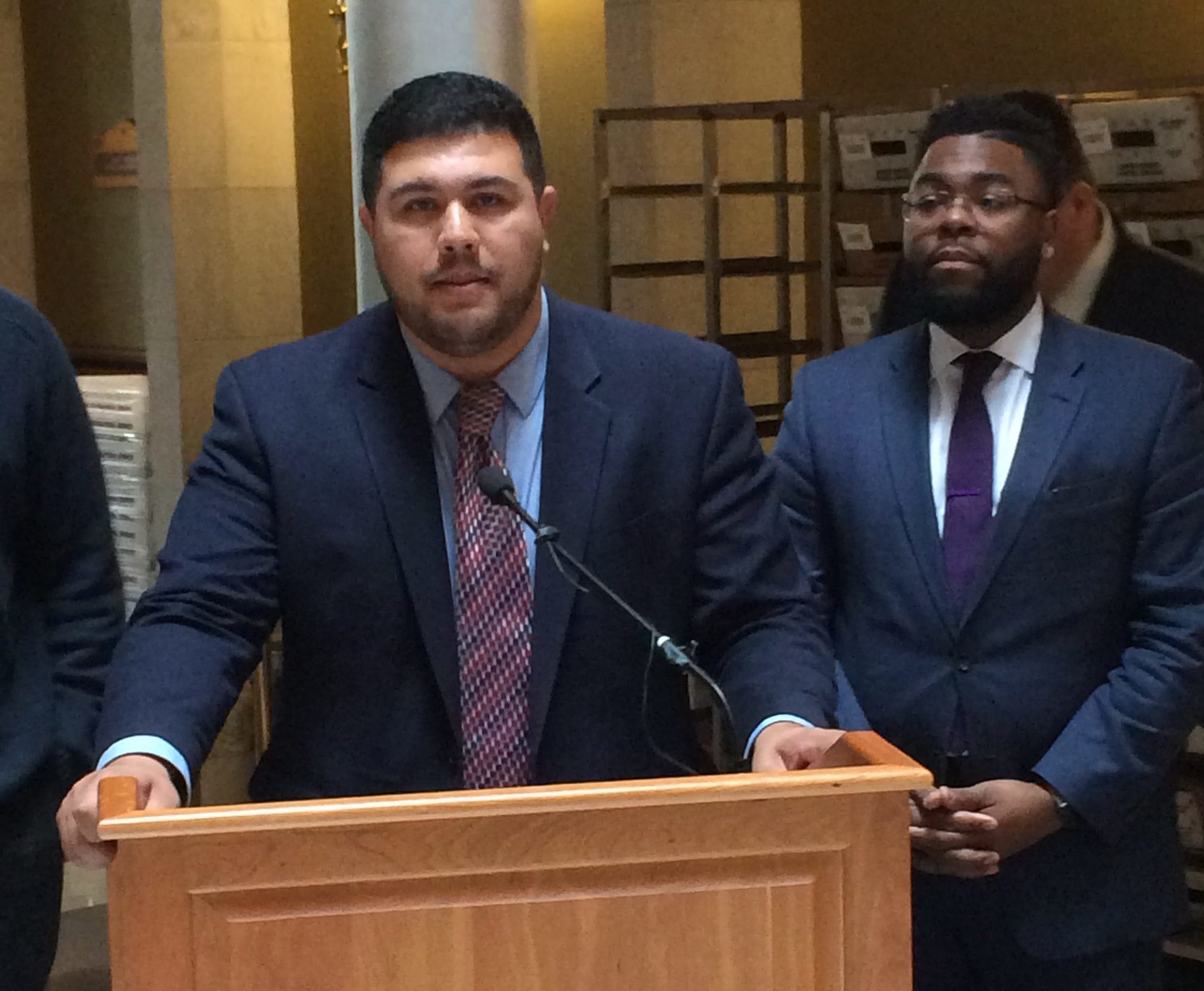 This is a picture of Rep. Christopher Rosario, D-Bridgeport (left) and Rep. Brandon McGee, D-Hartford, address reporters