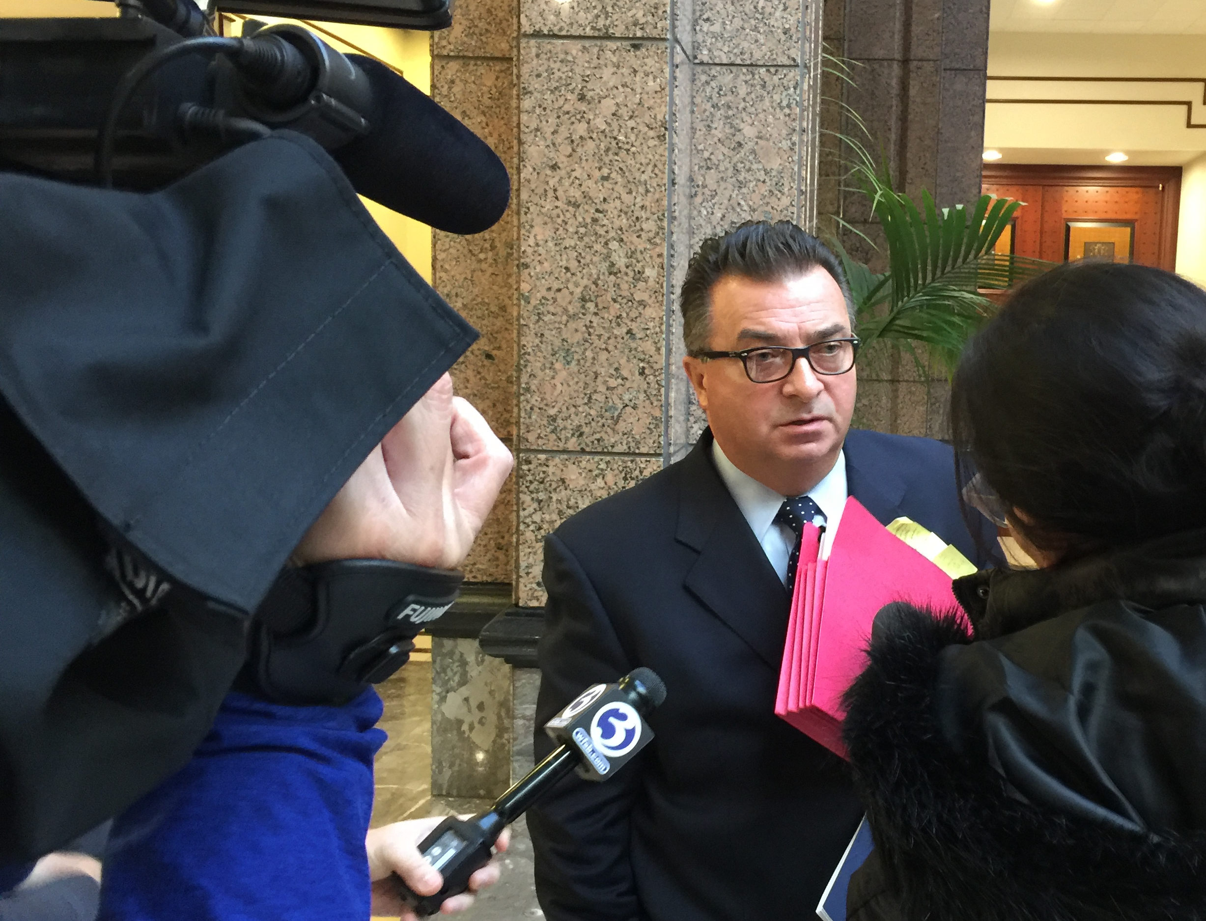 Madison Police Chief Jack Drumm answering questions from reporters in the Capitol complex Thursday, Oct. 18.