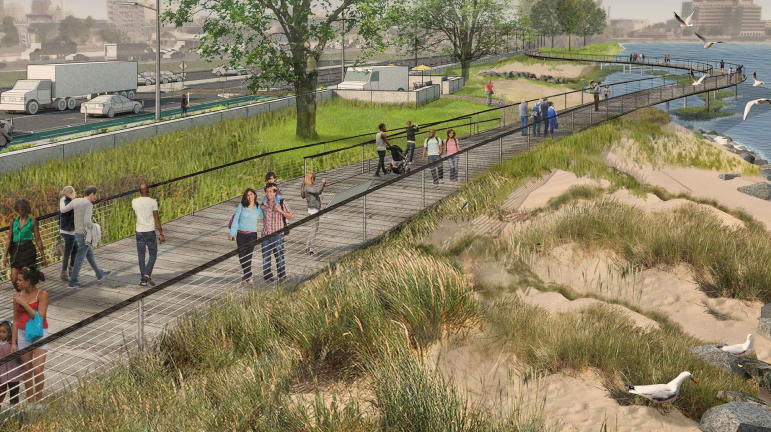 Rendering of a living shoreline as part of a Long Wharf development