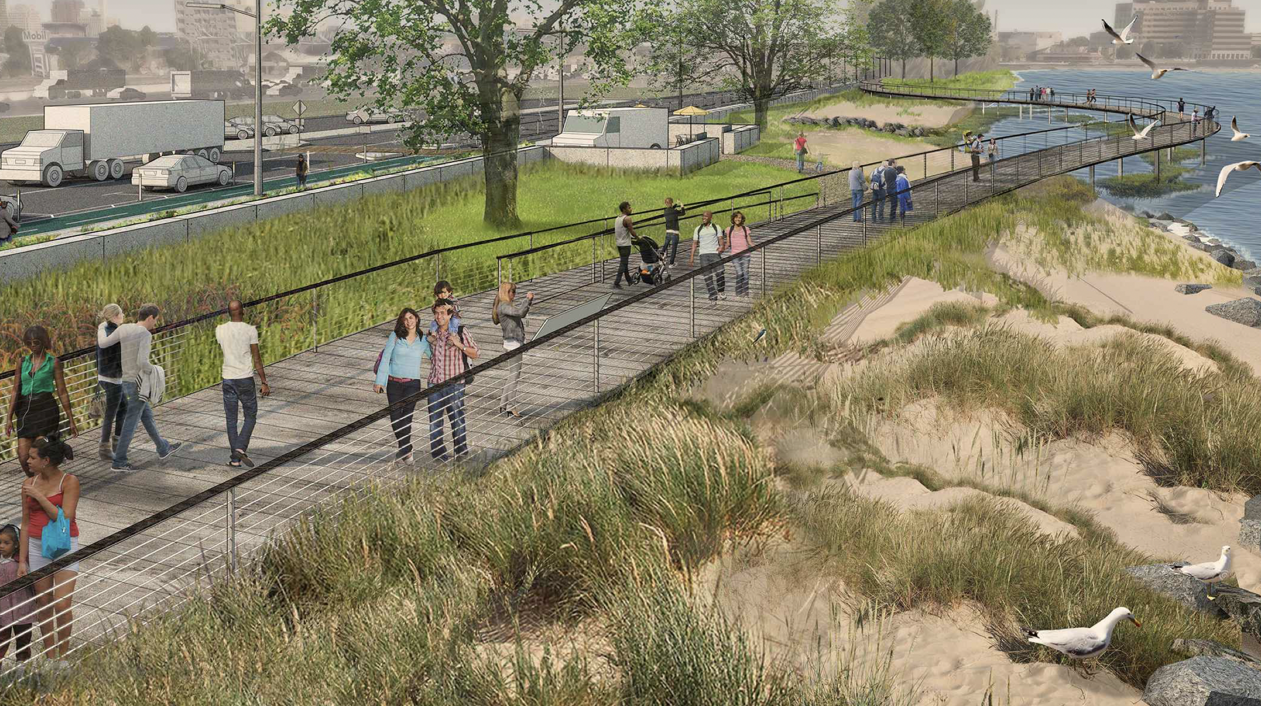 Rendering of a living shoreline as part of a Long Wharf development