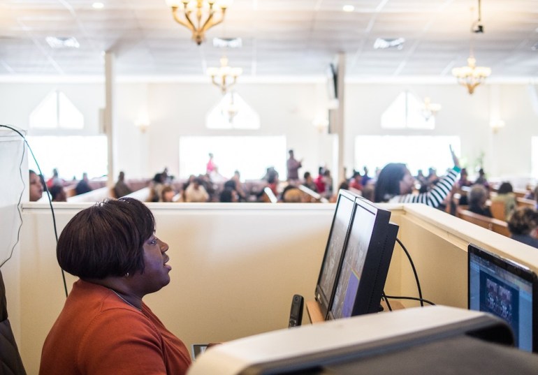 Dee Jordan produces the multimedia stream for Sunday service at Beulah Heights First Pentecostal Church in New Haven.