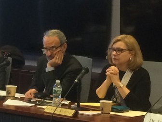 Connecticut Board of Education Chairman Allan Taylor and Education Commissioner Dianna Wentzell at a board of education meeting earlier this year.