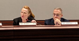 Education Committee Ranking Member Kathleen McCarty voiced concerns about the governor's education bills and voted against them. Ranking Member Sen. Eric Berthel is to her right.