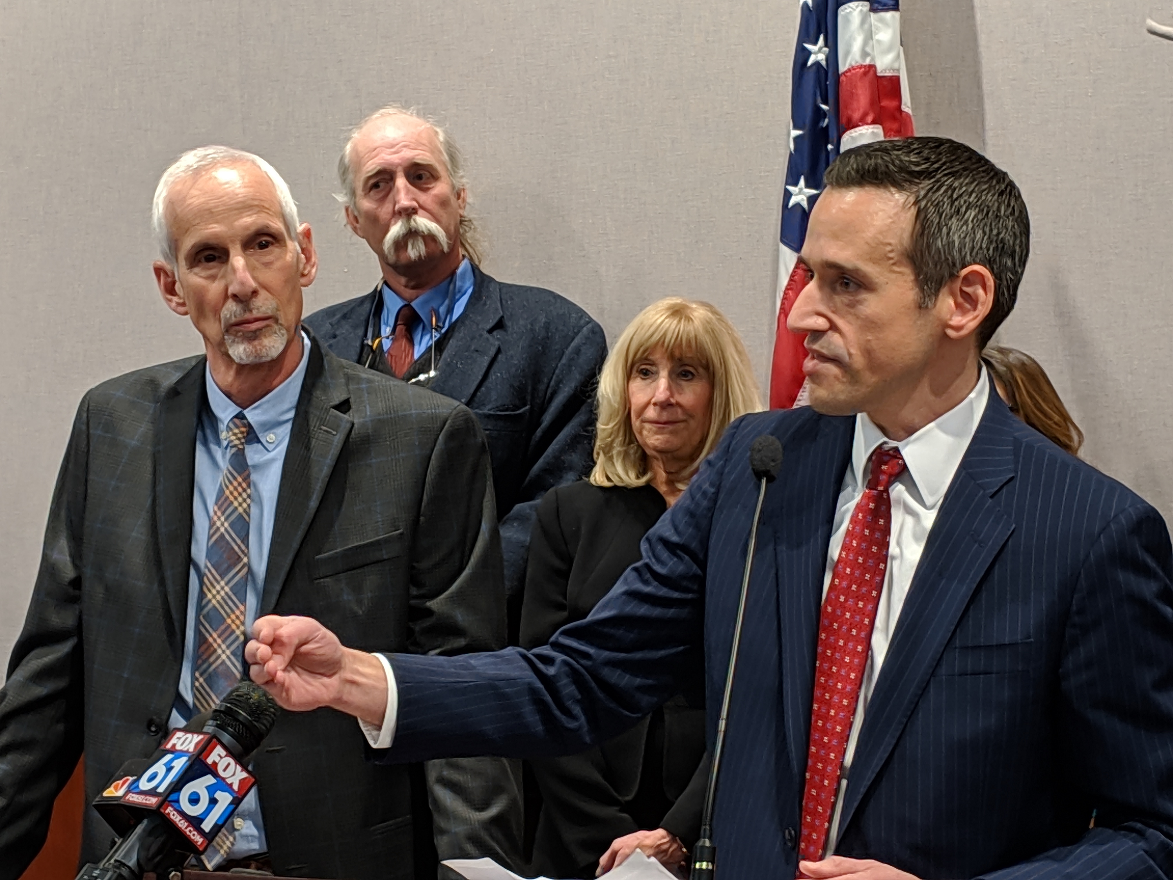 Lon Seidman, chairman of the Essex Board of Education, makes the case for a proposal that would ease cooperation across districts. From left are State Sen. Norm Needleman, Deep River First Selectman, Angus McDonald, and Region 4 Superintendent Ruth Levy.