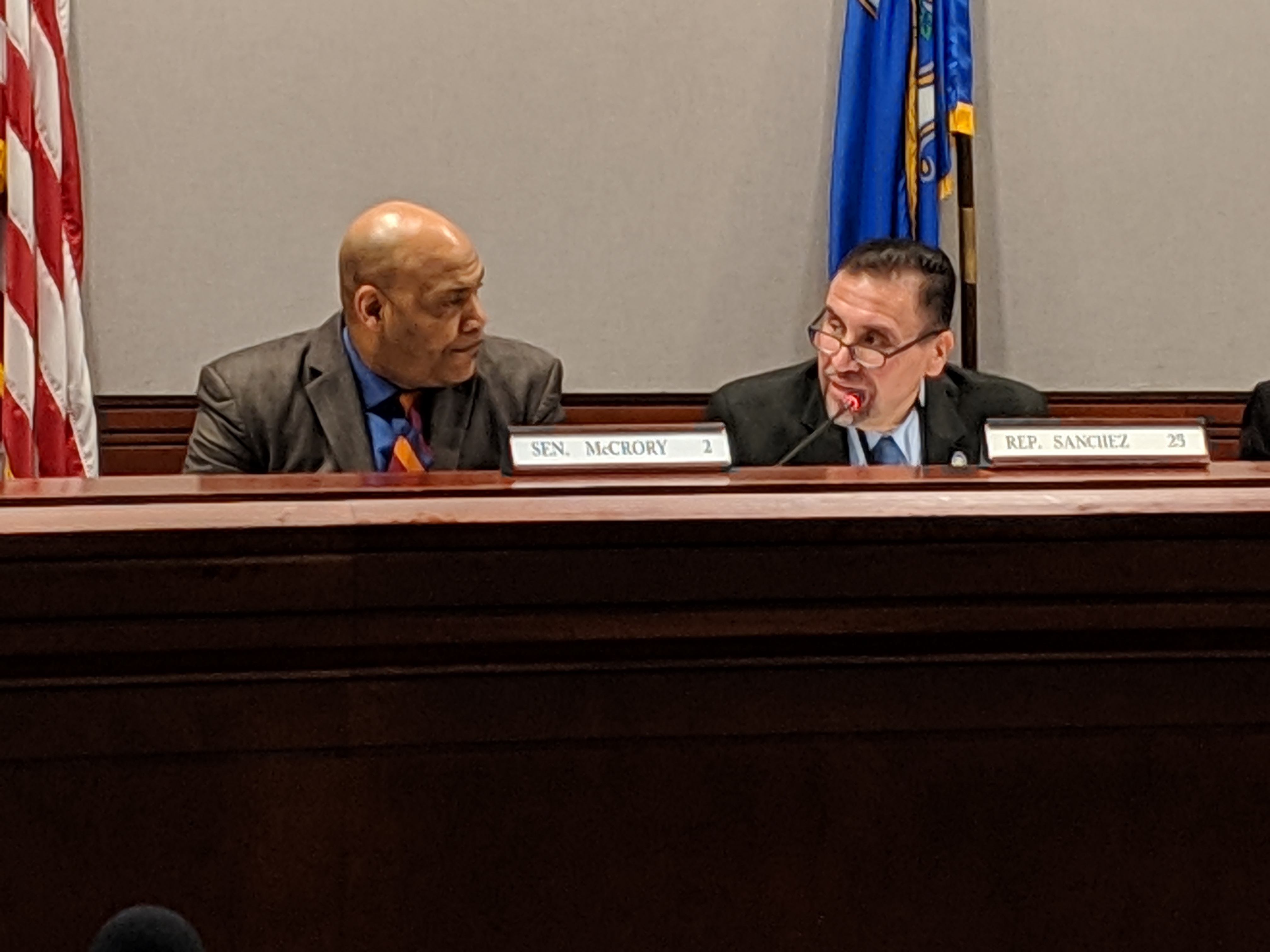 Sen. Doug McCrory and Rep. Bobby Sanchez, co-chairmen of the Education Committee, confer during Friday's meeting.