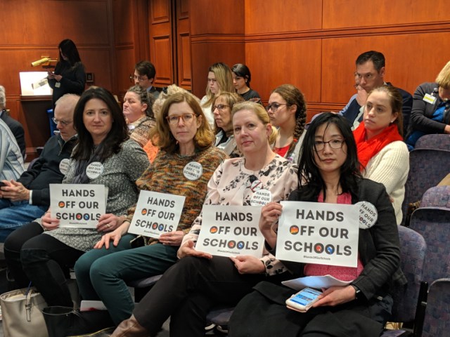 Opponents to the governor's Bill No. 874, which promotes the sharing of school services, turned out for Education Committee meeting.