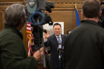 Attorney General William Tong answers questions from the media.