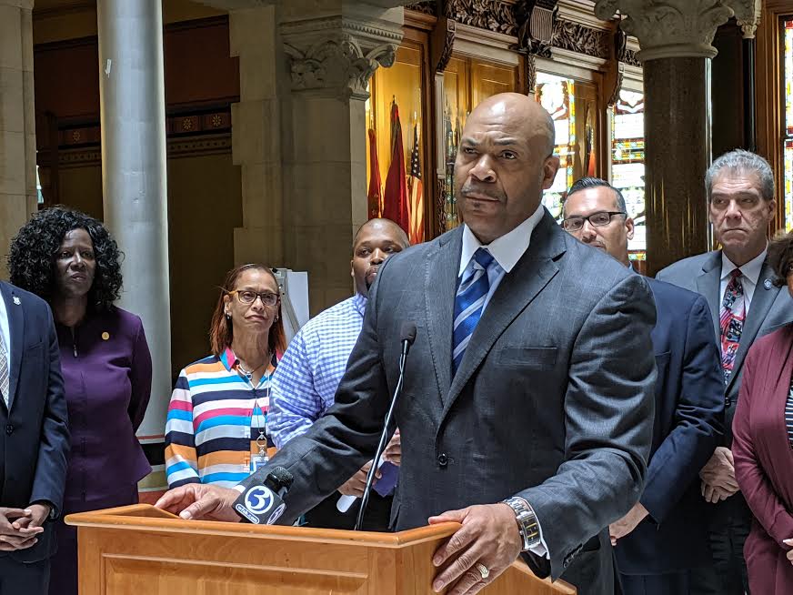 Sen. Douglas McCrory speaks Thursday at a news conference held by the Black and Puerto Rican Caucus.