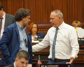 House Speaker Joe Aresimowicz and Rep. David Michel talking about the plastic bags language.