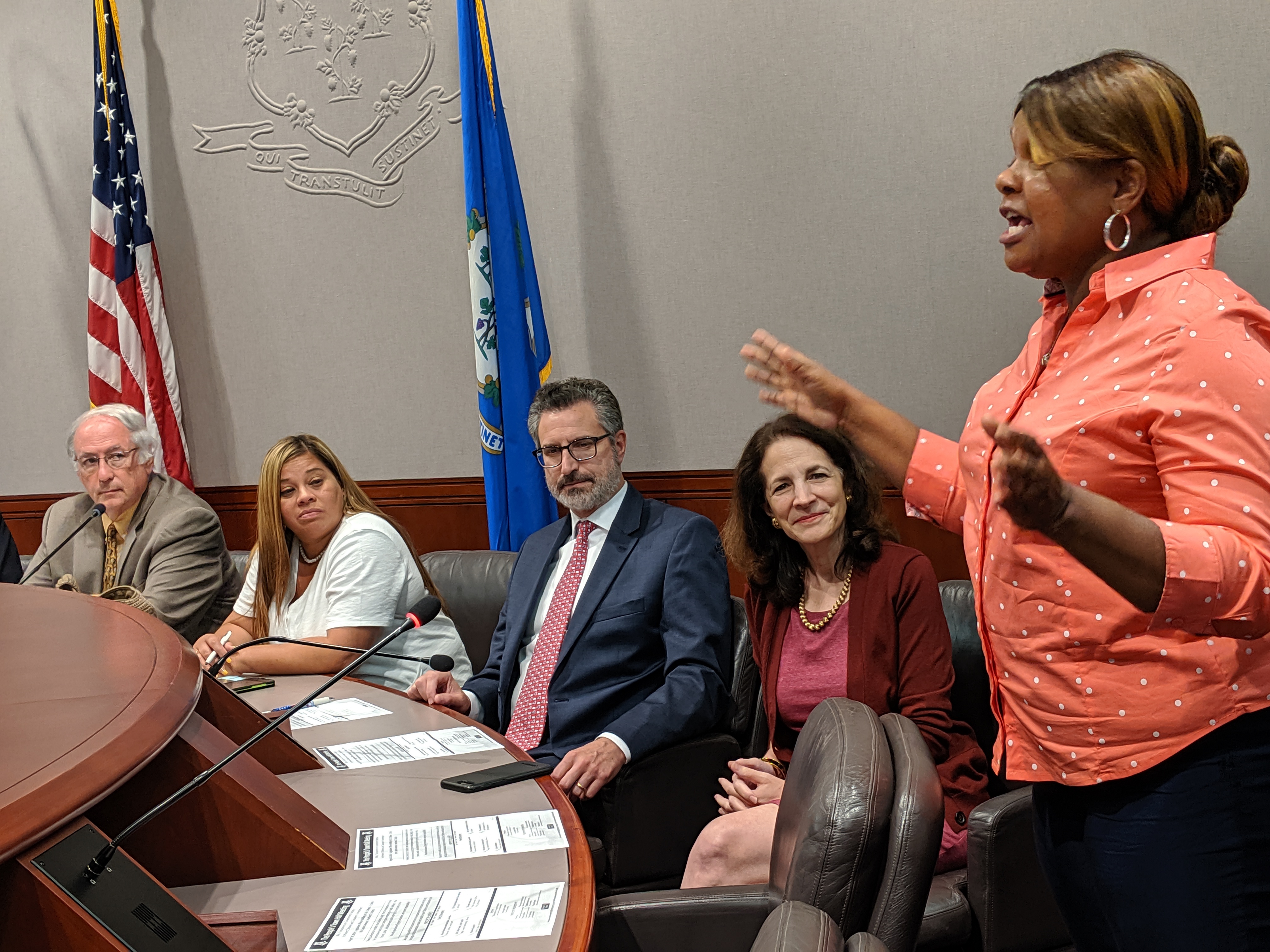 Gwen Samuel, president of the CT Parents Union, addresses a 'town hall' on government transparency. From left, Tom Hennick, spokesman for the FOIA Commission, Maria Cordeiro, a grandmother from Berlin, former Meriden Mayor Manuel Santos, and Rep. Gail Lavielle.