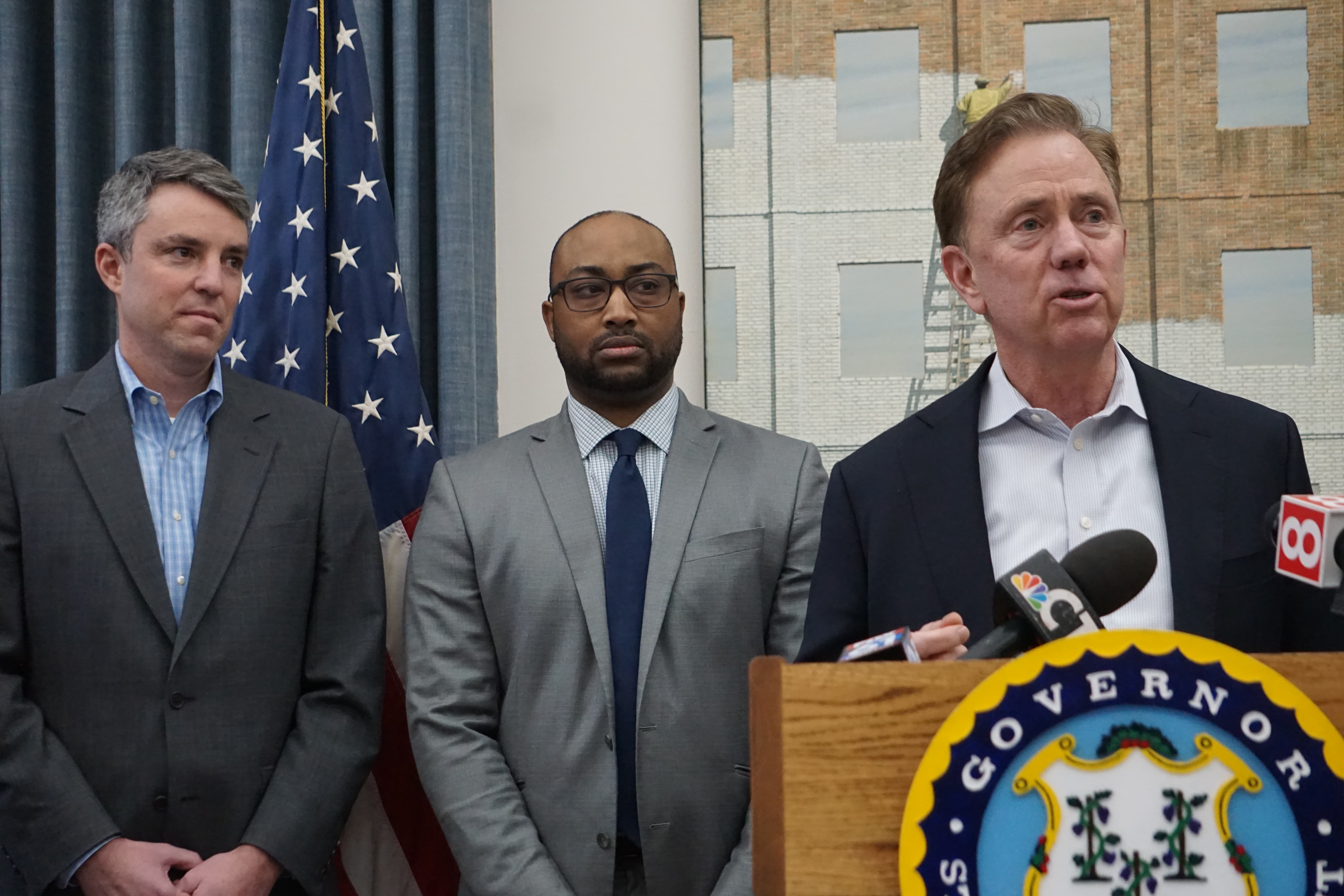 Gov. Ned Lamont introducing Paul Mounds, center, as chief of staff, and Josh Geballe as chief operating officer on Feb. 27, 2020.