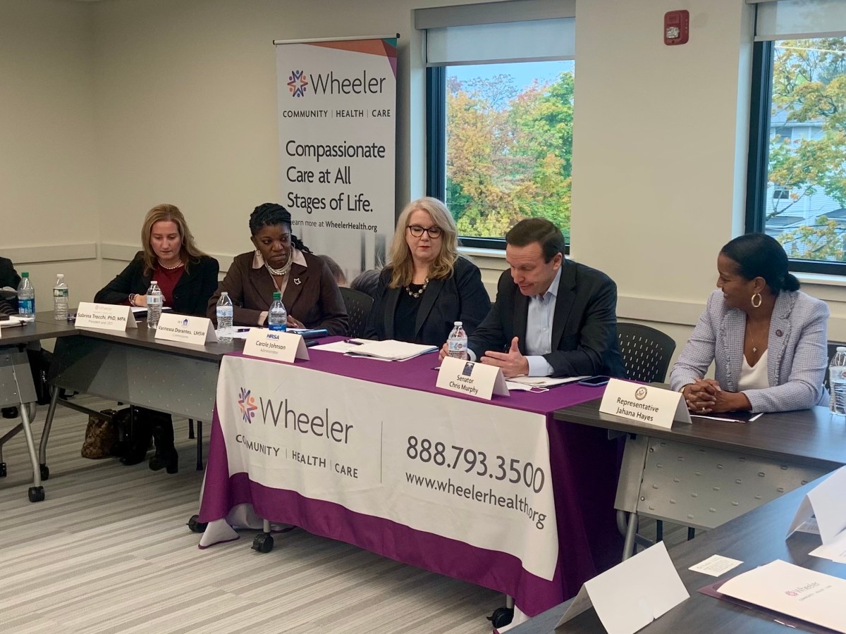 Participants in a roundtable in New Britain discuss mental health care for kids in Connecticut. From left to right: Sabrina Trocchi, president and CEO of the Wheeler Clinic; Vanessa Dorantes, state Department of Children and Family Services commissioner; Carole Johnson, Administrator of the Health Resources and Services Administration; Sen. Chris Murphy; and Rep. Jahana Hayes.