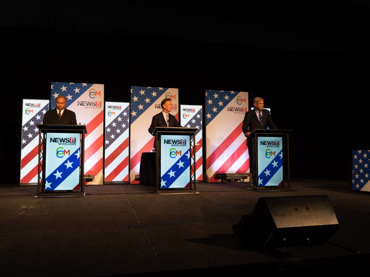 Independent Rob Hotaling, Democratic Gov. Ned Lamont and Republican Bob Stefanowski on stage.