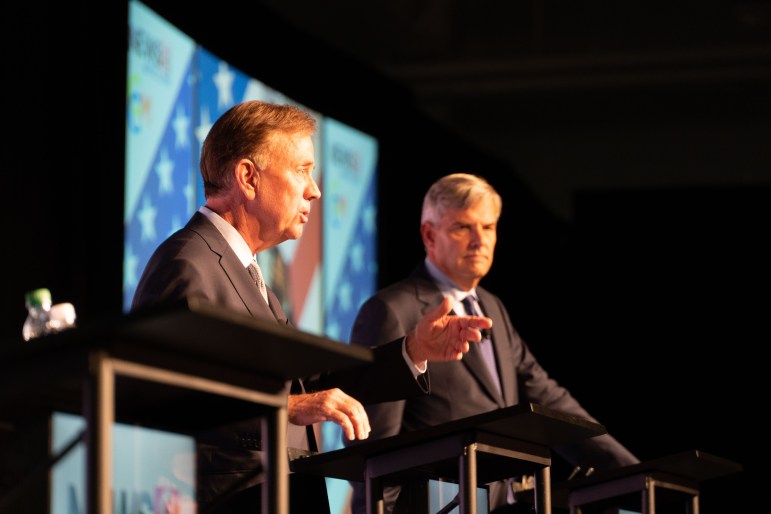 Democratic Gov. Ned Lamont and Republican Bob Stefanowski at a debate.