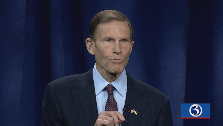 U.S. Senator Richard Blumenthal makes a point  during Wednesday's televised debate.