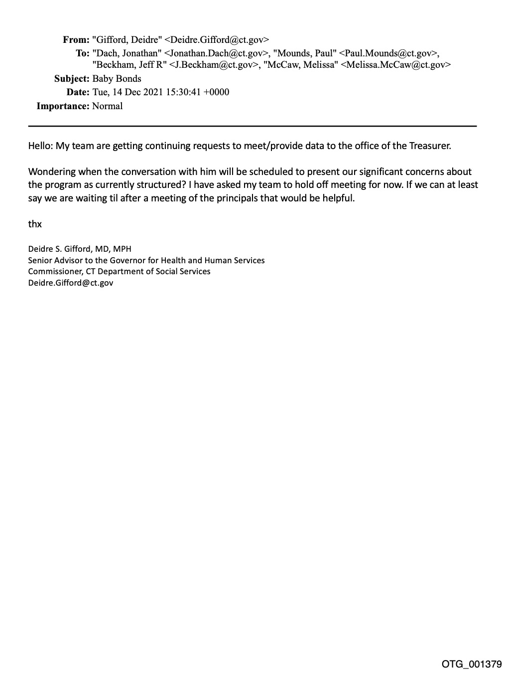 Email from Deidre Gifford to Johnny Dach, Paul Mounds, Jeff Beckham and Melissa McCaw.