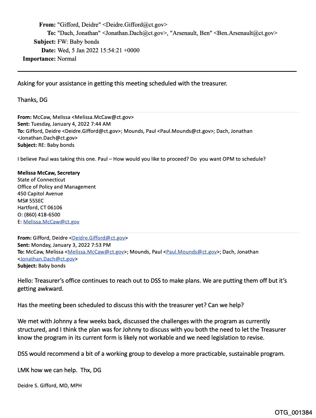 Email exchange regarding scheduling a meeting between agency heads and the governor's senior staff to talk about baby bonds.