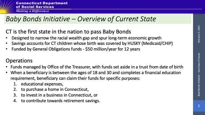 A DSS slideshow about the implementation of baby bonds.