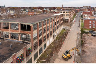 Blighted warehouse buildings in Hartford, seen from above.
