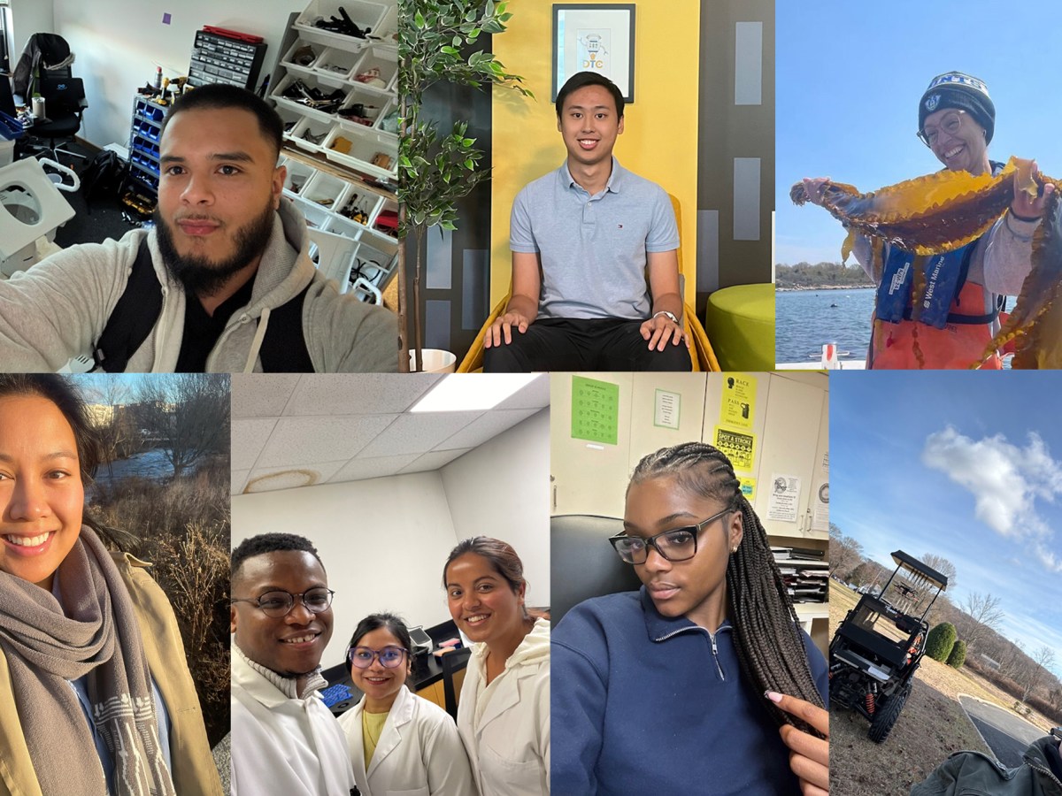 A collage of selfies of young people at their jobs.