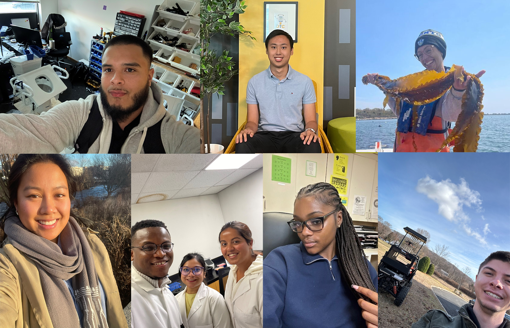 A collage of selfies of young people at their jobs.