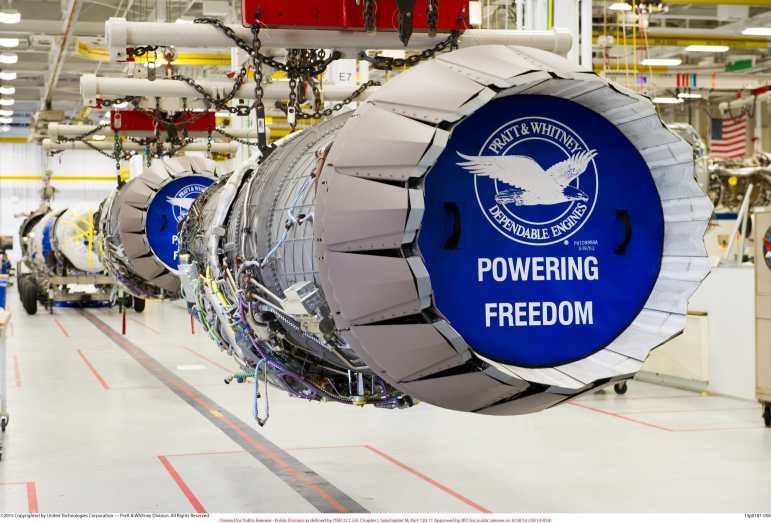A Pratt & Whitney jet engine on the assembly line